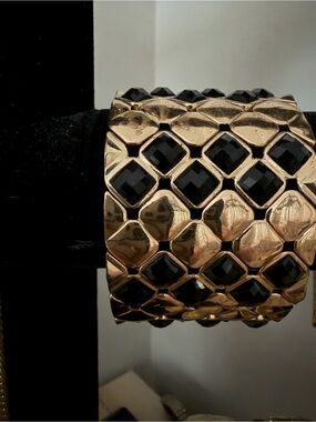 Gold-Tone Cuff Bracelet with Black Gem Accents